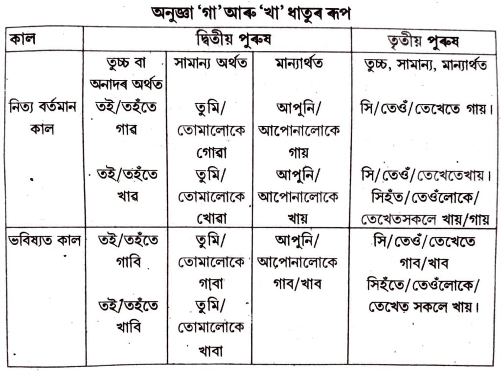 Class 5 Assamese Chapter 12 Question 1 'গা' আৰু 'খা' ক্রিয়াপদ দুটাত (অনুজ্ঞাত) বিভক্তি যোগ কৰি নিত্য বৰ্ত্তমান আৰু ভবিষ্যত কালত ৰূপ লিখা।
