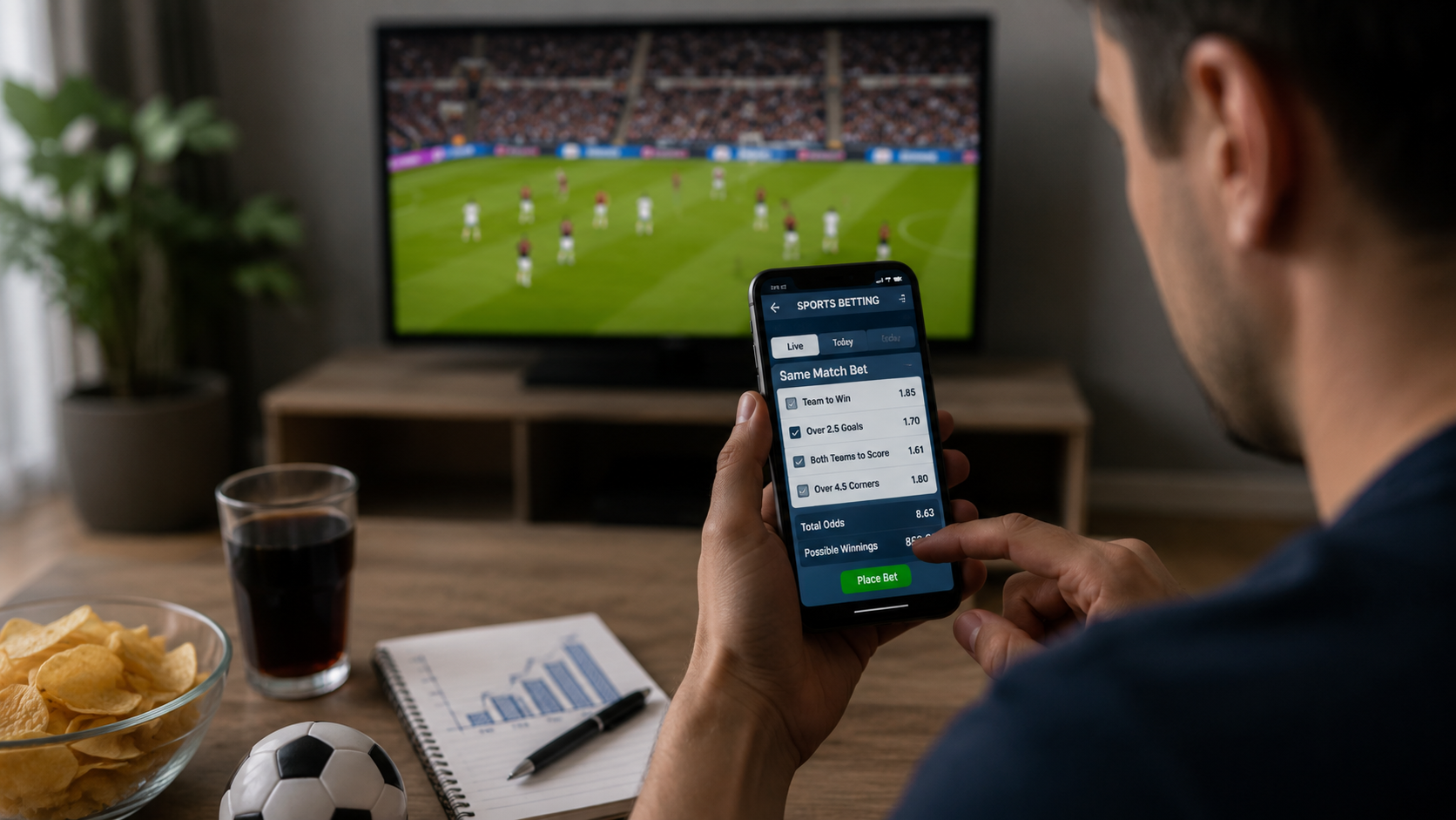 Man placing a sports bet on a smartphone while watching a football match on TV